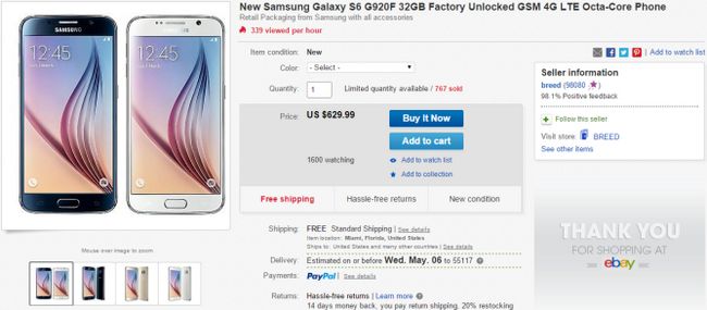 Fotografía - [Trato Alerta] Desbloqueado Samsung Galaxy S6 (G920F) en eBay por $ 629.99